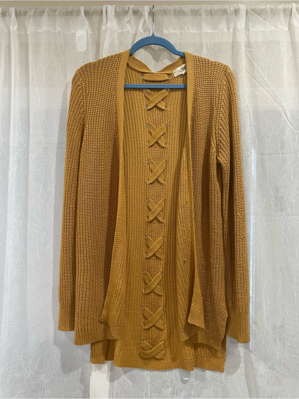 Women’s Mustard Open-Front Knit Cardigan with Back Bow Detail